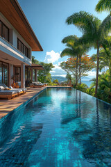 Photographie immobilière extérieure d’une terrasse avec piscine de maison secondaire de villa luxueuse avec terrasse en bois et vue tropicale. rendu 3D, HDR, idées déco et aménagement tendance.