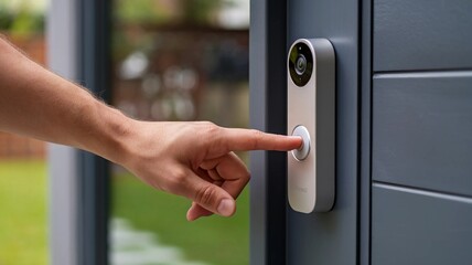 Person presses the button on a smart video doorbell attached to front door
