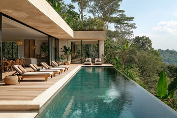 Photographie immobilière extérieure d’une terrasse avec piscine de maison secondaire de villa...