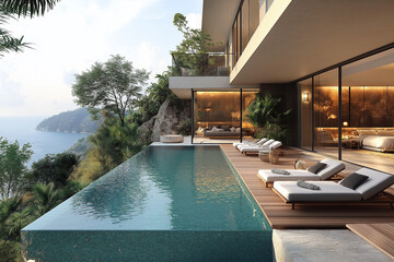 Photographie immobilière extérieure d’une terrasse avec piscine de maison secondaire de villa...