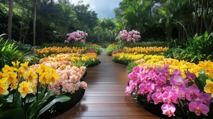 Orchid garden tropical relaxation concept. A vibrant garden path lined with blooming orchids in shades of yellow and pink, surrounded by lush greenery under a cloudy sky.