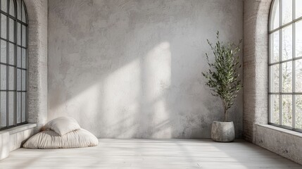 Serene Minimalist Interior Design: Sunlit Room with Olive Tree and Comfortable Cushions
