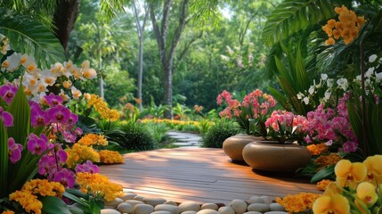 Orchid garden tropical relaxation concept. A vibrant garden path adorned with colorful flowers and lush greenery, creating a serene and inviting atmosphere.