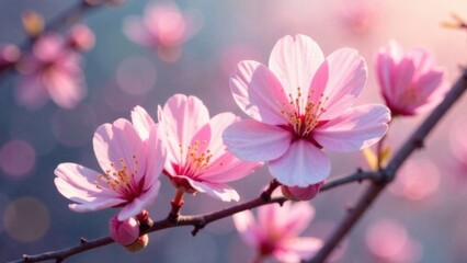 Obraz premium Serene peach blossom branches in soft sunlight