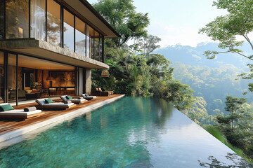 Photographie immobilière extérieure d’une terrasse avec piscine de maison secondaire de villa luxueuse avec terrasse en bois et vue tropicale. rendu 3D, HDR, idées déco et aménagement tendance.