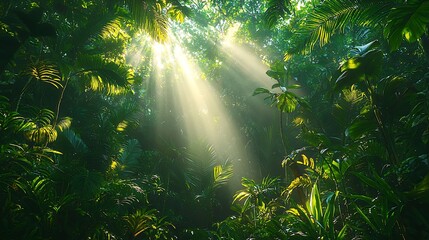 Obraz premium Lush Forest Canopy with Golden Sunlight Beams Breaking Through Green Foliage Illuminating Dense Woodland Scene Casting Rays of Light