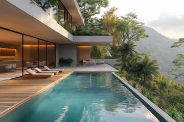 Photographie immobilière extérieure d’une terrasse avec piscine de maison secondaire de villa luxueuse avec terrasse en bois et vue tropicale. rendu 3D, HDR, idées déco et aménagement tendance.