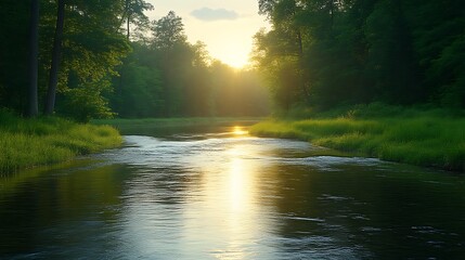 Obraz premium Serene Sunset River Flowing Through Lush Green Forest