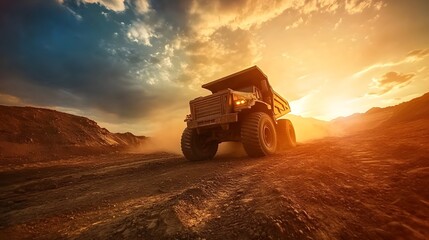 Fototapeta premium Heavy-duty Coal Truck Navigating Through Open-Pit Mining Site Under Dramatic Skies