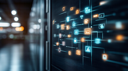 Fototapeta premium Glowing digital network displaying interconnected data nodes, technology icons on dark backdrop representing complex information systems and technological connectivity