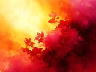 Abstract painting of leaves with warm and vibrant colors in detail