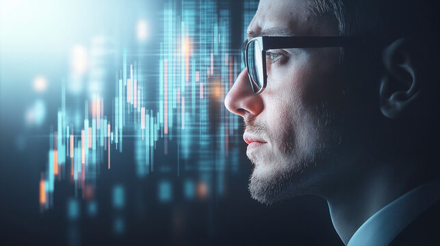 Businessman analyzing holographic stock market charts, displaying financial data visualization with modern technology for investment strategy and market insights