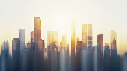 Fototapeta premium Towering skyscrapers glowing with golden sunrise light, silhouetted against soft focus urban landscape awakening at daybreak