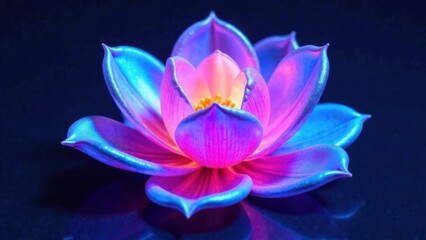 Fototapeta premium Holographic flower with shining petals and smooth transitions of neon colors (blue, purple, pink). The petals slowly open. The background is minimalistic.