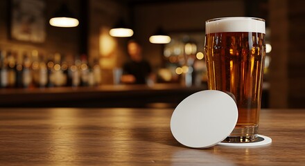 A tall glass of beer with a frothy head placed on a wooden bar counter with a coaster.