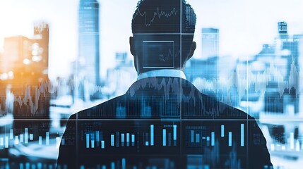 Businessman Silhouette with Overlapping Market and City Skyline