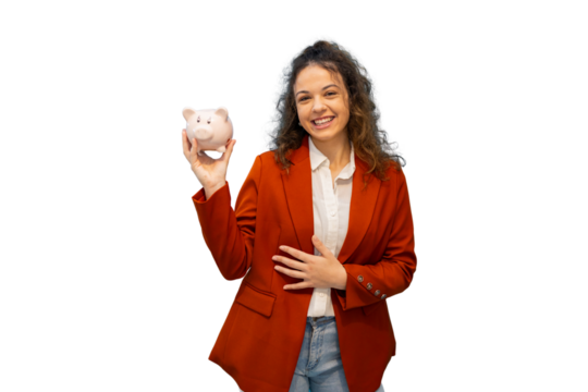 Smiling businesswoman holding piggy bank on transparent background