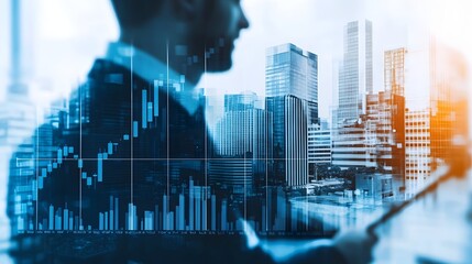 Obraz premium Businessman Analyzing Market Data Against Urban Skyline in Double Exposure
