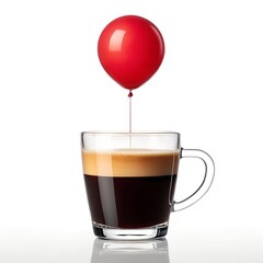 A red balloon is delicately suspended above a clear glass espresso cup, with a drip of liquid connecting it to the drink.