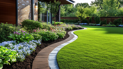 Fototapeta premium A vibrant garden pathway winding through lush greenery and colorful flowers, inviting exploration and joy. close-up of a curb made of tiles and bricks