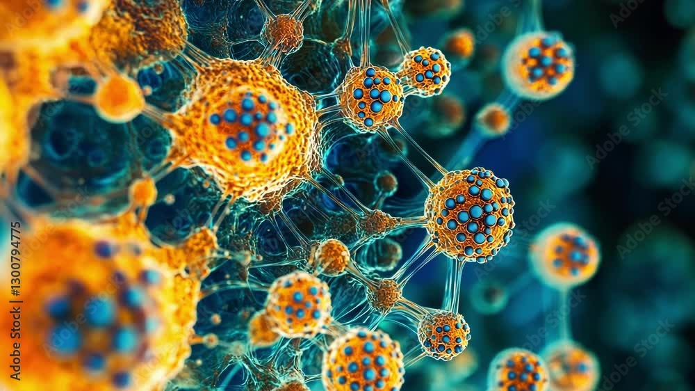 Poster microscopic view of cells interacting and communicating within a complex biological network, exchang