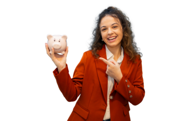 Smiling businesswoman holding piggy bank and pointing at it on transparent background