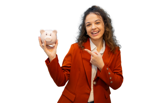 Smiling businesswoman holding piggy bank and pointing at it on transparent background