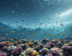 Naklejka premium School of colorful fish swimming together in a vast ocean , fish school, fins, seafood