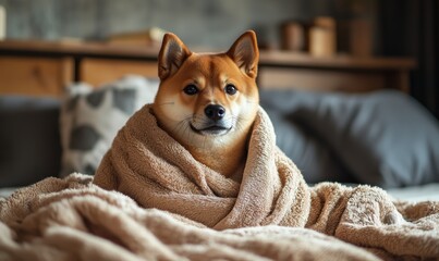 Shiba Inu Wrapped in Soft Blanket on Cozy Bed with Warm Lighting