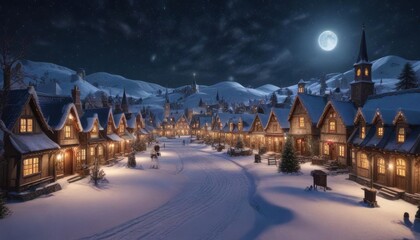 Snow-covered Christmas village scene with houses, shops and churches under a starry sky ,  festive architecture,  winter wonderland,  snowflakes