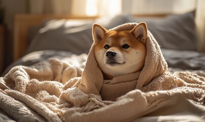 Cozy Shiba Inu Wrapped in Soft Blanket Relaxing in Sunlight