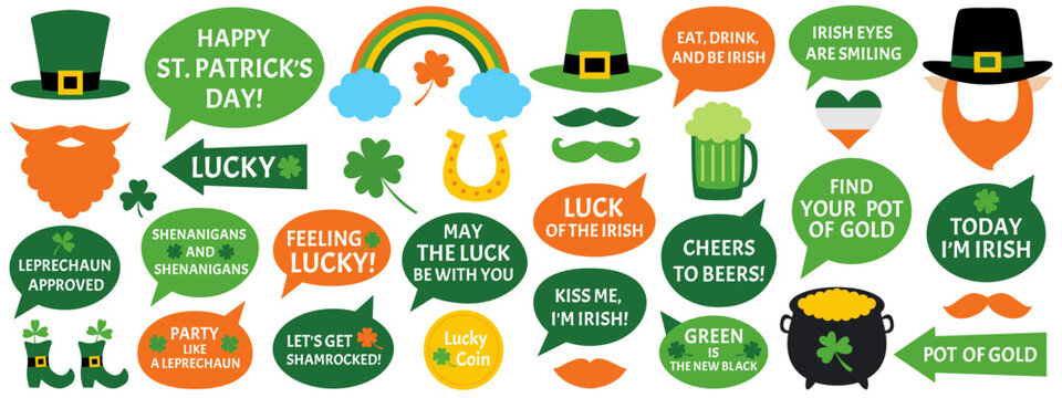 St. Patrick's Day photo booth party props clip art, leprechaun hats, shamrocks, pot of gold, speech bubbles with Irish-themed greetings