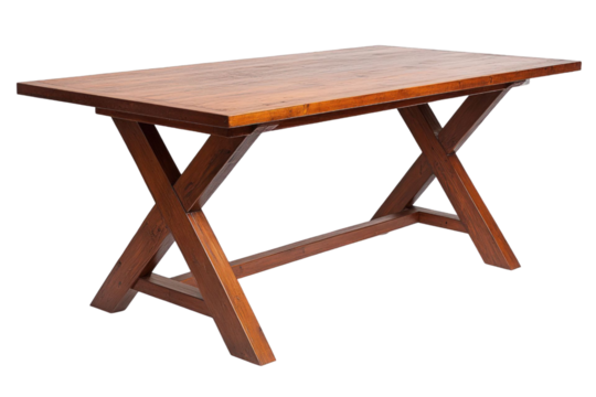Wooden table with x-shaped legs isolated on a transparent background. Furniture design for home decor and interior design projects