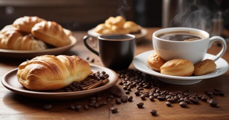 Wooden table surface featuring a steaming cup of espresso and flaky pastries beside it, surrounded by coffee beans ,  espresso,  morning