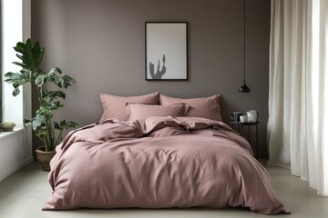 Dusty rose bedding on a bed in a minimalist bedroom.