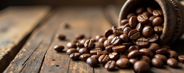 Aromatic coffee beans on an old wooden table , beans, aroma, coffee beans