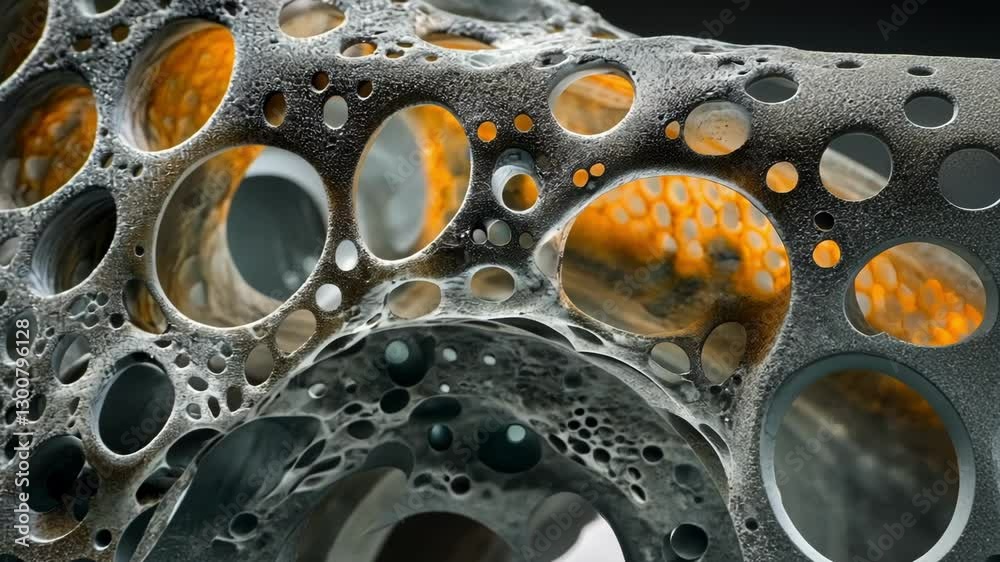 Poster detailed close up of porous cellular structures showcasing complex patterns and textures, highlighti