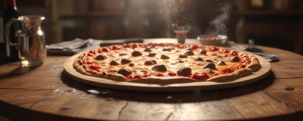 A steaming hot pizza placed atop an antique dining table,  wood,  food