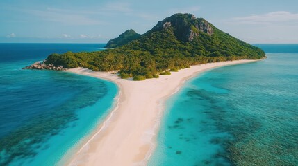 Obraz premium Tropical island with white sand beach and turquoise water.