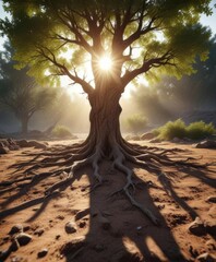 A tree with its roots buried in the ground and branches stretching towards sunlight,  forest,  foliage, nature