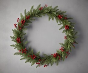 Background of a minimalist Christmas party with a greenery wreath and red berries,  festive background,  winter wonderland,  modern decor