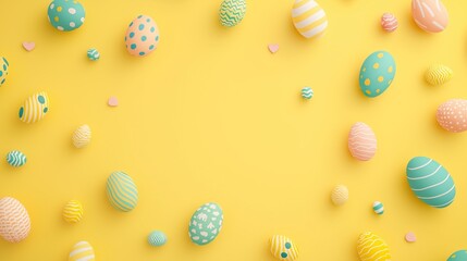 Colorful Easter Eggs with Patterns on a Yellow Background, Perfect for Spring Holiday Banner, Decoration, and Greeting Card Design