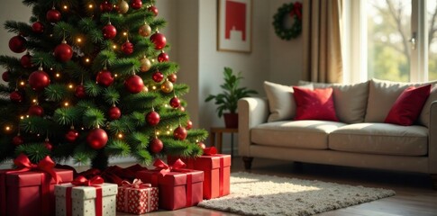 Beautifully decorated Christmas tree surrounded by beautifully wrapped gifts and ribbons in a cozy living room atmosphere , presents, festive