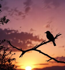 Bird perched on branch silhouetted against sunset sky , clouds, sky, nature
