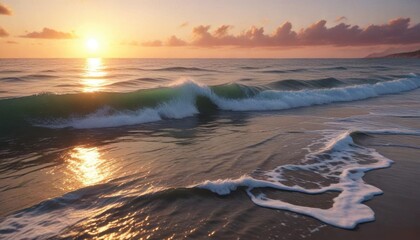 Calming ocean waves gently lapping against the shore at sunset,  blue,  calm,  peaceful