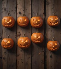 Carved wooden planks with eerie jack-o-lantern faces,  dark decorations,  eerie atmosphere