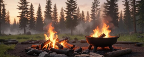 Charcoal smoke rising from a wooden fire pit in a forest glade at sunset ,  outdoors,  woods