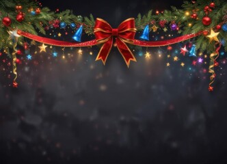 Christmas greeting banner with ribbons and stars, colorful lights on dark,  colorful patterns,  festive lighting