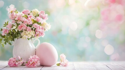 Pastel Pink Springtime Still Life: Delicate Flowers and Easter Egg