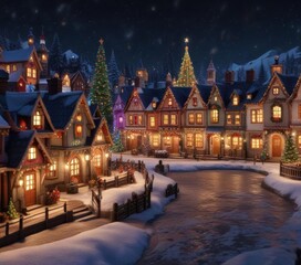 Christmas village scene with festive buildings and colorful lights,  festive,  building